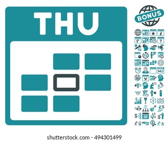 Thursday Calendar Page icon with bonus calendar and time management pictogram. Vector illustration style is flat iconic bicolor symbols, soft blue colors, white background.