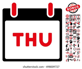 Thursday Calendar Page icon with bonus calendar and time management symbols. Vector illustration style is flat iconic symbols, intensive red and black, white background.