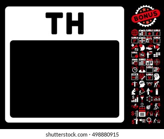 Thursday Calendar Page icon with bonus calendar and time management pictograph collection. Vector illustration style is flat iconic symbols, red and white, black background.