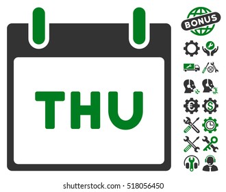Thursday Calendar Page icon with bonus settings pictograph collection. Vector illustration style is flat iconic symbols, green and gray, white background.