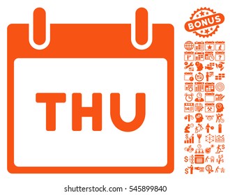 Thursday Calendar Page icon with bonus calendar and time management icon set. Vector illustration style is flat iconic symbols, orange, white background.
