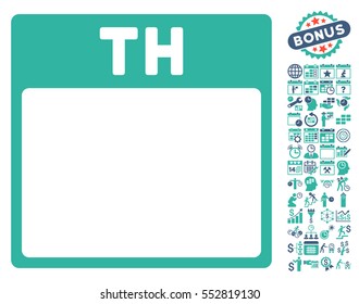 Thursday Calendar Page icon with bonus calendar and time management symbols. Vector illustration style is flat iconic symbols, cobalt and cyan, white background.