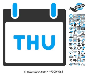 Thursday Calendar Page pictograph with bonus calendar and time management symbols. Vector illustration style is flat iconic bicolor symbols, blue and gray colors, white background.