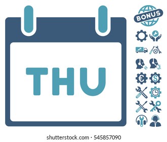 Thursday Calendar Page pictograph with bonus settings images. Vector illustration style is flat iconic symbols, cyan and blue, white background.