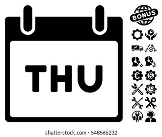 Thursday Calendar Page pictograph with bonus service images. Vector illustration style is flat iconic symbols, black, white background.