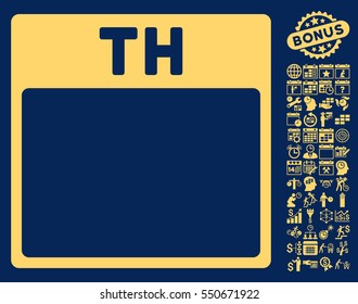 Thursday Calendar Page pictograph with bonus calendar and time management images. Vector illustration style is flat iconic symbols, yellow, blue background.