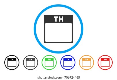 Thursday Calendar Page vector rounded icon. Image style is a flat gray icon symbol inside a blue circle. Additional color versions are gray, black, blue, green, red, orange.