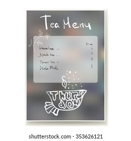 Thursday.  Illustration with weekday name and tea set. A 4 background for your project
