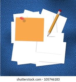 Thursday orange blue post it and pencil over white pile paper on brown leather pad,vector
