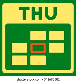 Thursday vector icon. Style is bicolor flat symbol, orange and yellow colors, rounded angles, green background.