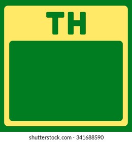 Thursday vector icon. Style is flat symbol, yellow color, rounded angles, green background.