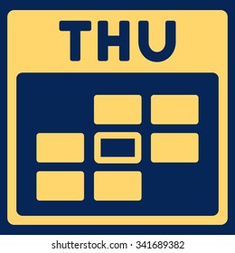 Thursday vector icon. Style is flat symbol, yellow color, rounded angles, blue background.