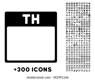 Thursday vector pictogram with additional 300 date and time management icons. Style is flat symbols, black color, rounded angles, white background.
