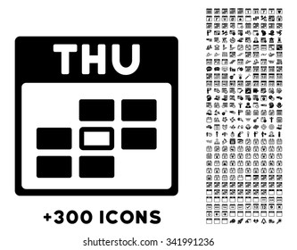 Thursday vector pictogram with additional 300 date and time management icons. Style is flat symbols, black color, rounded angles, white background.