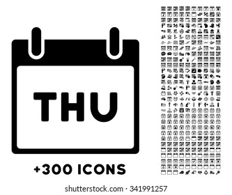 Thursday vector pictogram with additional 300 date and time management icons. Style is flat symbols, black color, rounded angles, white background.