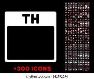 Thursday vector pictogram with additional 300 date and time management icons. Style is bicolor flat symbols, red and white colors, rounded angles, black background.