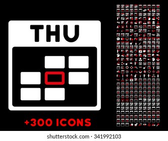 Thursday vector pictogram with additional 300 date and time management icons. Style is bicolor flat symbols, red and white colors, rounded angles, black background.