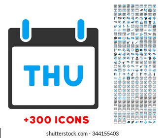 Thursday vector pictogram with additional 300 date and time management icons. Style is bicolor flat symbols, blue and gray colors, rounded angles, white background.