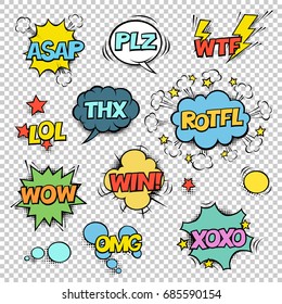 Thx, ASAP, PLZ, WTF, LOL, ROTFL, WOW, WIN, OMG, XOXO. Comic speech bubbles set. Halftones, stars and other elements in separated layers. Colorful design on transparent background.