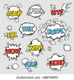 Thx, ASAP, PLZ, WTF, LOL, ROTFL, WOW, WIN, OMG, XOXO. Comic speech bubbles set. Halftones, stars and other elements in separated layers. Colorful design on transparent background.