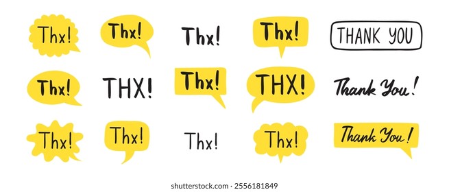 THX speech bubble yellow bright set. Thank you hand drawn quote text. Doodle thx phrase. Vector illustration