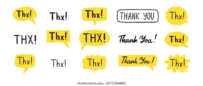 THX speech bubble yellow bright set. Thank you hand drawn quote text. Doodle thx phrase. Vector illustration