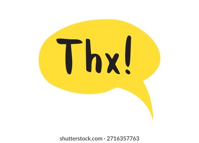Ícone brilhante amarelo da bolha de fala THX. Obrigado texto de citação desenhada à mão. Frase thx de doodle. Ilustração vetorial