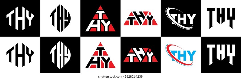 THY letter logo design in six style. THY polygon, circle, triangle, hexagon, flat and simple style with black and white color variation letter logo set in one artboard. THY minimalist and classic logo