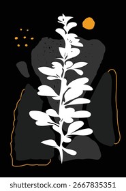 Thyme leaf silhouette on a black background with abstract shapes. Perfect for modern floral design, branding, invitations, posters, packaging, digital art, templates, and visual projects.