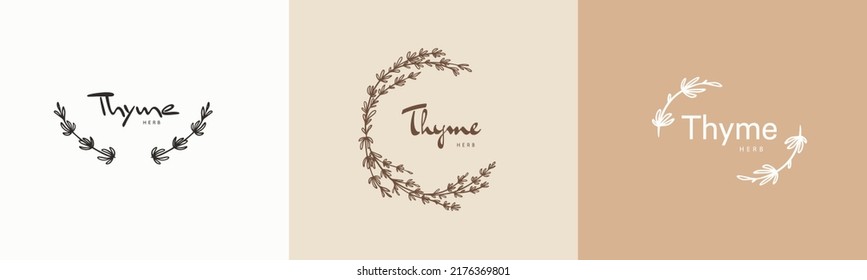 Thyme plant badges and logo. Stamp labels for tag with isolated thyme leaves. Hand drawn natural sign for tag product in simple rustic design. Logo design templates for vintage branding