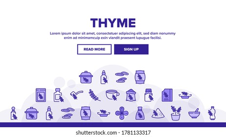 Thyme Plant Product Landing Web Page Header Banner Template Vector. Thyme Branch And Aromatic Herb, Drink Cup And Bottle, Bag And Package, Spoon And Plate Illustrations