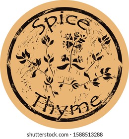 Thyme spice view icon vector round shabby emblem design, old retro style. Thyme flowers and leaves spicy ingredient logo mail stamp on craft paper. Cooking ingredient vintage grunge sign.