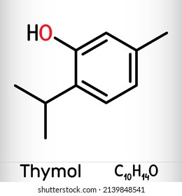 Thymol, IPMP molecule. It is phenol, natural monoterpene derivative of cymene. Obtained from thyme oil or other volatile oils. Skeletal chemical formula. Vector illustration svg