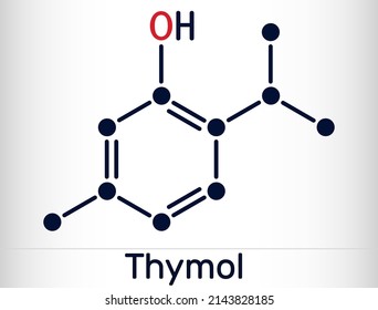 Thymol, IPMP molecule. It is phenol, natural monoterpene derivative of cymene. Obtained from thyme oil or other volatile oils. Skeletal chemical formula. Vector illustration
