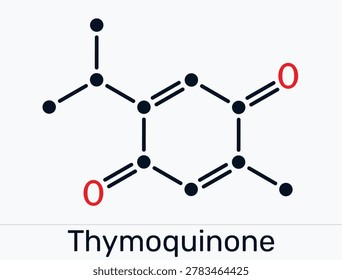 Thymoquinone molecule chemical structure, bioactive phytochemical compound of black cumin Nigella sativa. Skeletal chemical formula