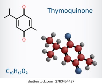 Thymoquinone molecule chemical structure, bioactive phytochemical compound of black cumin Nigella sativa. Structural chemical formula, molecule model