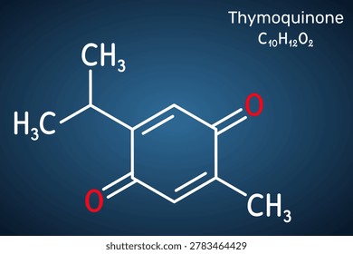 Thymoquinone molecule chemical structure, bioactive phytochemical compound of black cumin Nigella sativa. Dark blue background