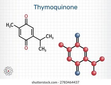 Thymoquinone molecule chemical structure, bioactive phytochemical compound of black cumin Nigella sativa. Sheet of paper in a cage