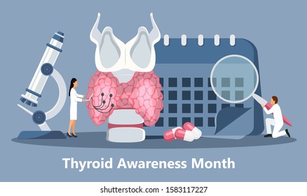 Thyroid Awareness Month is celebrated in January in USA. Hypothyroidism concept vector. Endocrinologists diagnose and treat human thyroid gland. Specialists make test on hormones. 