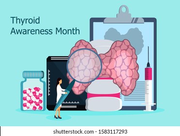 Thyroid Awareness Month is celebrated in January in USA. Hypothyroidism concept vector. Endocrinologists diagnose and treat human thyroid gland. Specialists make test on hormones. 