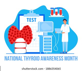 Thyroid Awareness Month is celebrated in January in USA. Hypothyroidism concept vector. Endocrinologists diagnose and treat human thyroid gland. Test on hormones. 