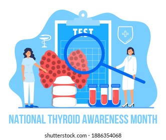 Thyroid Awareness Month is celebrated in January in USA. Hypothyroidism concept vector. Endocrinologists diagnose and treat human thyroid gland. Test on hormones. 