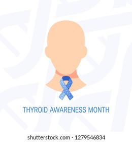 Thyroid awareness month concept. Design with human head and blue paisley ribbon, vector