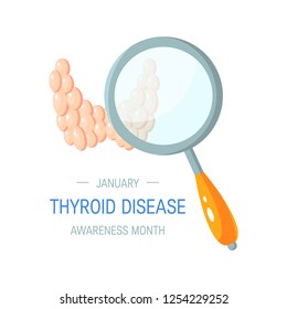 Thyroid awareness month concept. Thyroid gland through magnifying glass, vector design