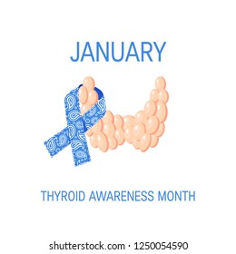 Thyroid awareness month concept. Square design with blue paisley ribbon on the thyroid gland, vector