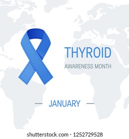 Thyroid awareness month concept. Square design with blue ribbon and world map, vector