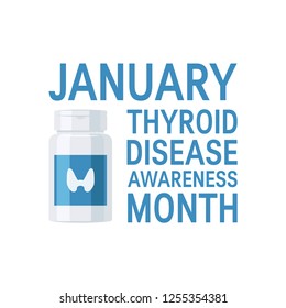Thyroid awareness month concept. Square typography design with bottle of pills, vector