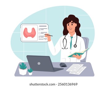 Thyroid awareness month is every year in January. Endocrinologist deal with the diagnosis and treatment of the human thyroid. Vector illustration in flat style