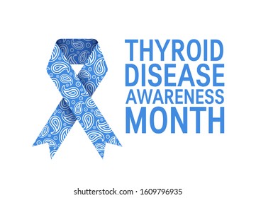 Thyroid awareness month. Medical concept with blue paisley ribbon. Vector illustration in flat style isolated on a white background.