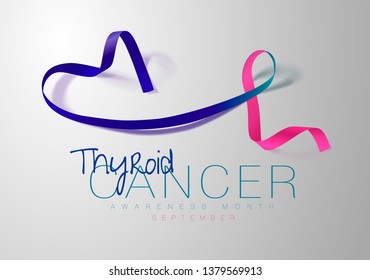 Thyroid Cancer Awareness Calligraphy Poster Design. Realistic Teal and Pink and Blue Ribbon. September is Cancer Awareness Month. Vector